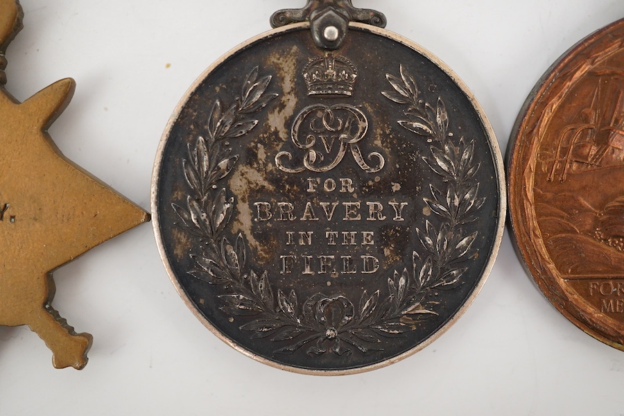 Seven First World War medals, including a Military Medal (MM) group comprising of an MMand a 1914 Star awarded to 7993 Pte. W. Grundy 1/R. SC. FUS., Military Medal possibly renamed, together with a WWI trio awarded to 22